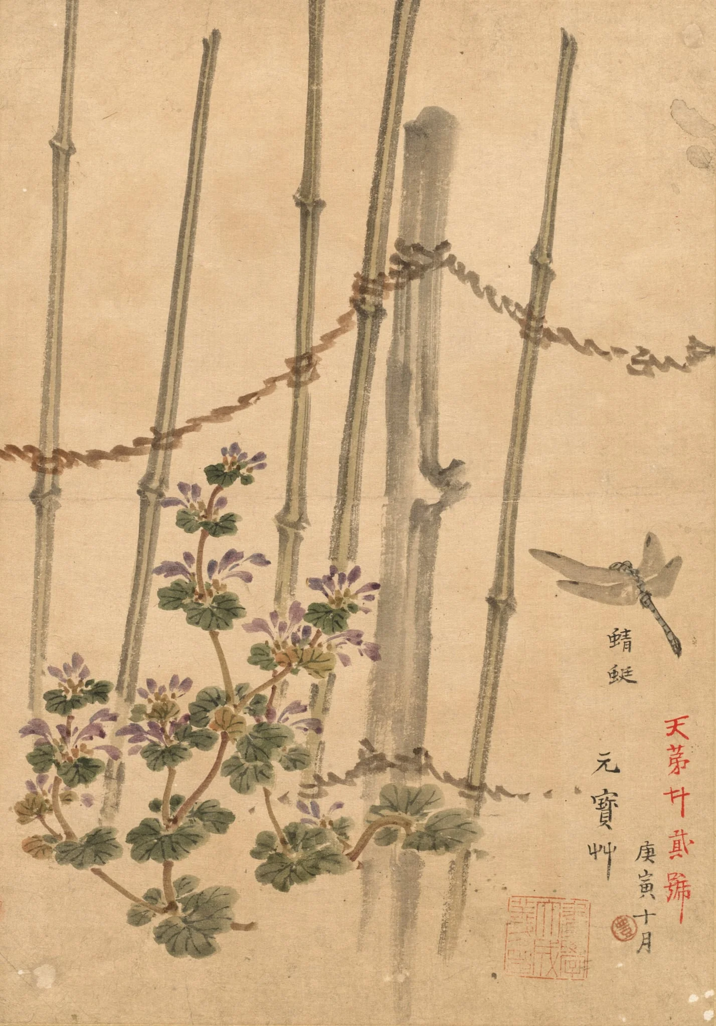 Bamboo Fence and Chrysanthemums, detail