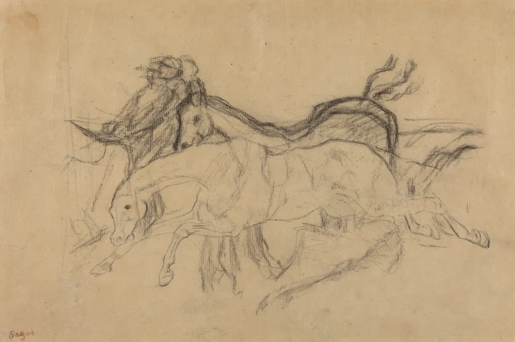 Racehorses (study for "Scene from the Steeplechase: The Fallen Jockey"), by Edgar Degas, charcoal, 1881