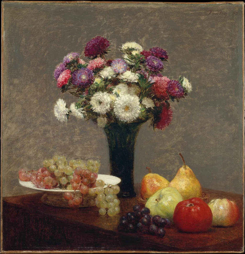 Asters and Fruit on a Table, by Henri Fantin-Latour, oil, 1868