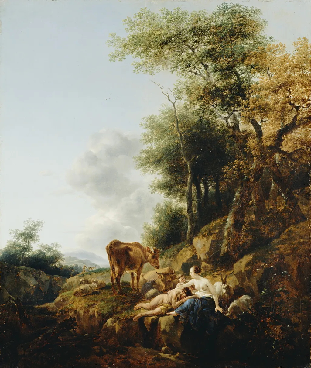 Landscape with a Nymph and a Satyr, by Nicolaes Pieterszoon Berchem, oil, 1647