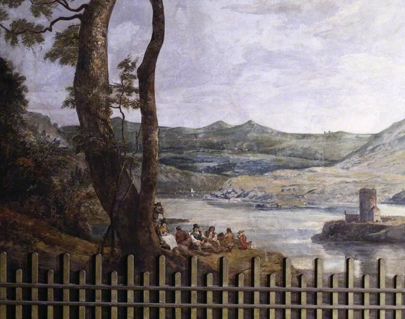 Landscape with a Castle (fresco from the Painted Dining Room, Drakelowe Hall), detail