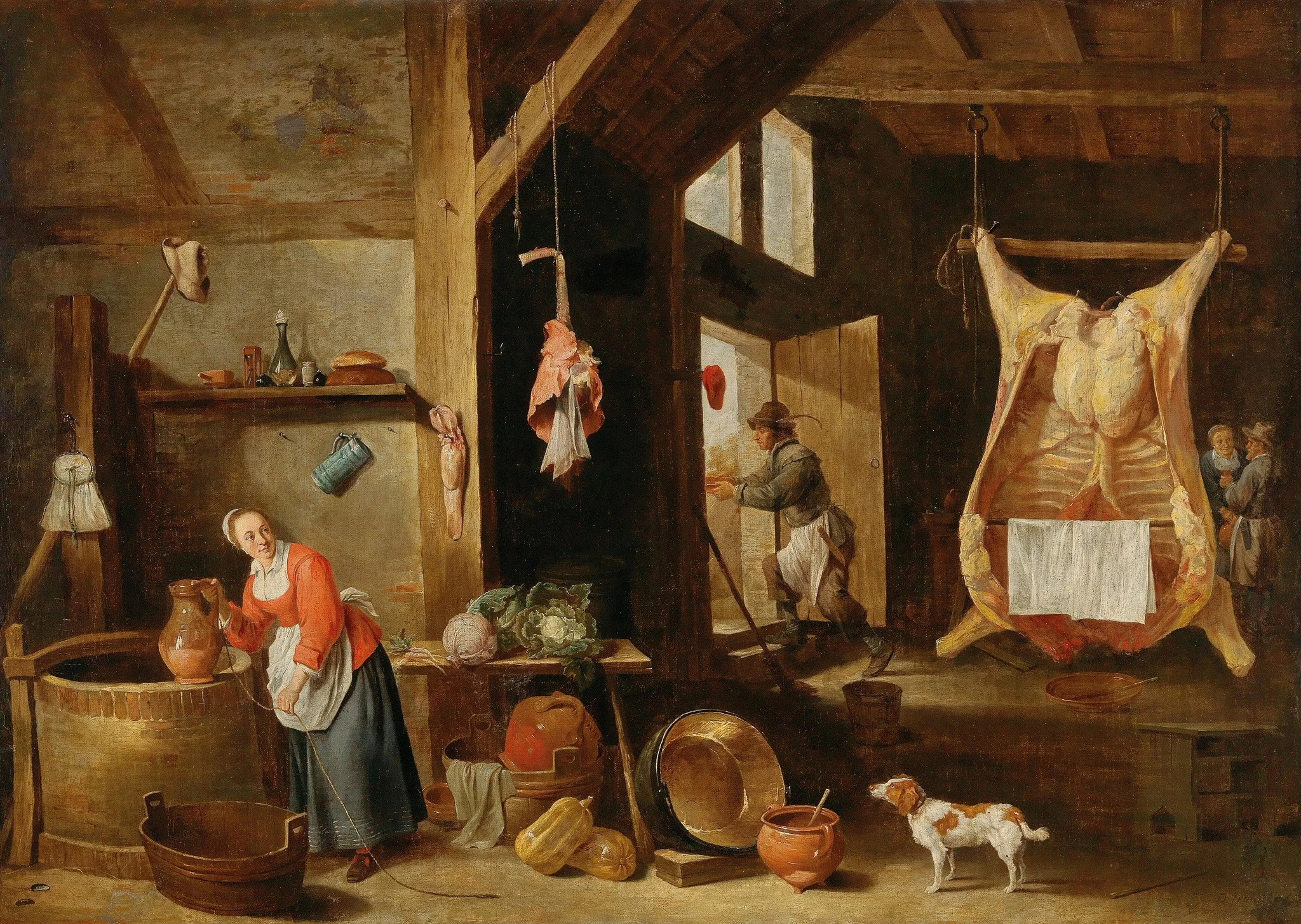 An interior of a barn with a scullery maid at a well, detail