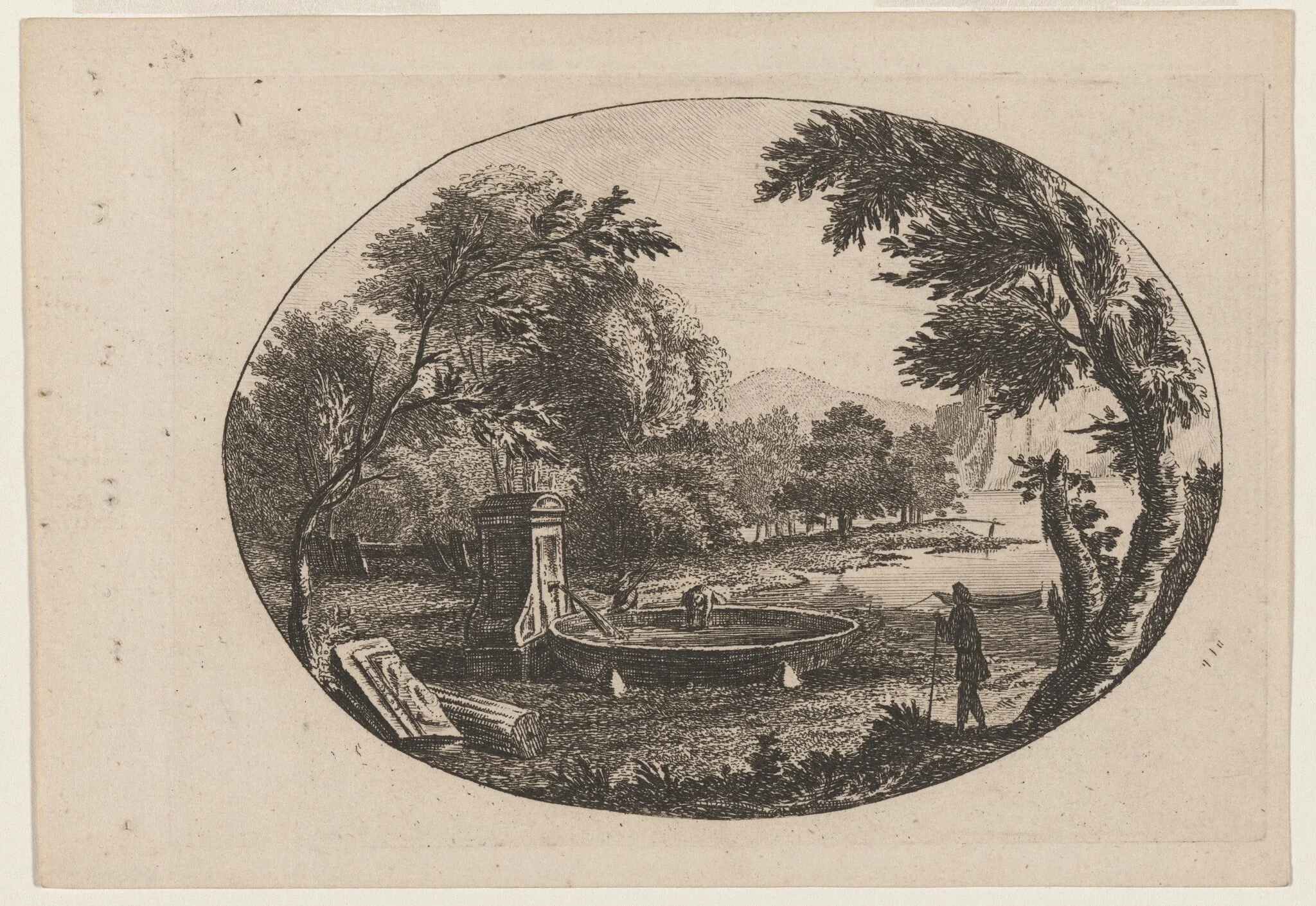 Wooded Landscape with Drinking Spout and Basin, detail
