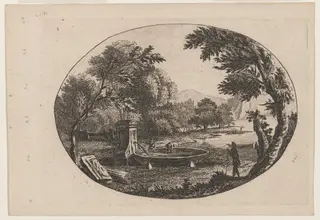Wooded Landscape with Drinking Spout and Basin, by Paul Sandby, ink, 1750