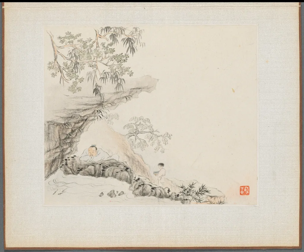 Album of Landscape Paintings Illustrating Old Poems: Scholar watching Fish, by Hua Yan, unspecified, 1745