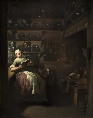 Kitchen Interior with a Girl Reading, by Jens Juel, oil, 1764