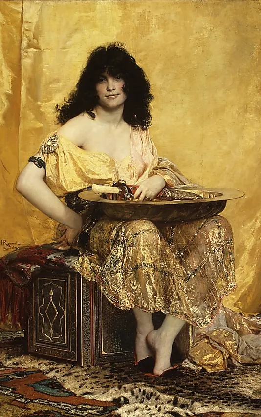 Salome, the biblical narrative reduced to a brass platter and a knife, the real subject a blaze of golden satin and a face that meets the viewer's eye.