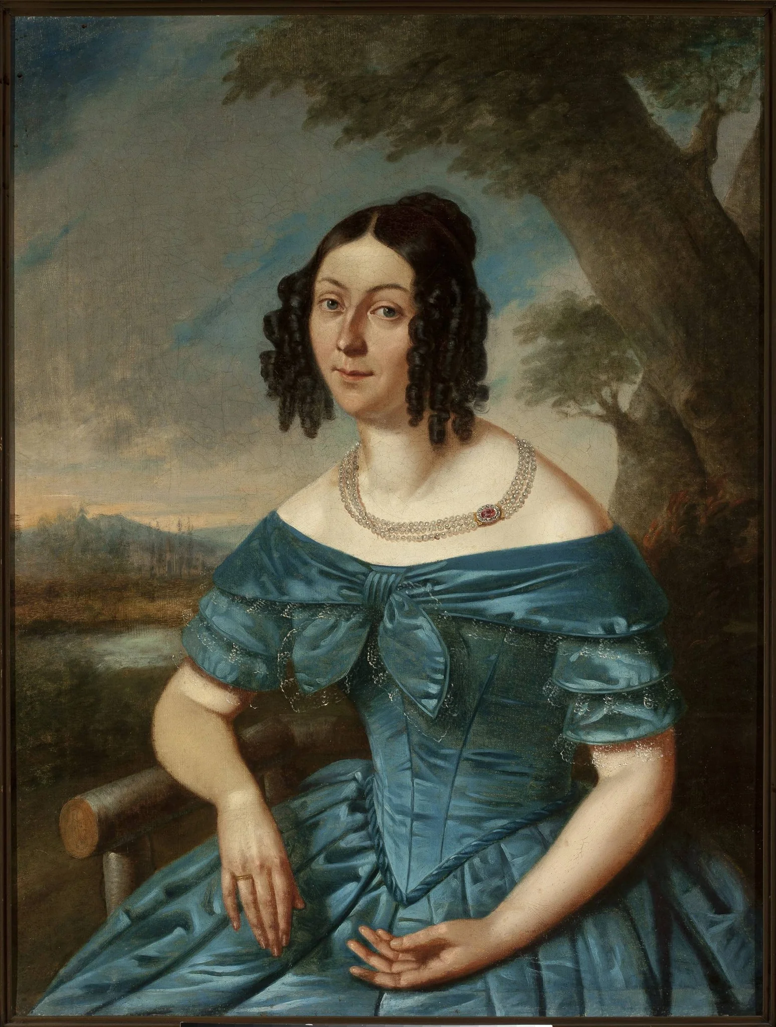 Portrait of a lady in a blue dress, detail