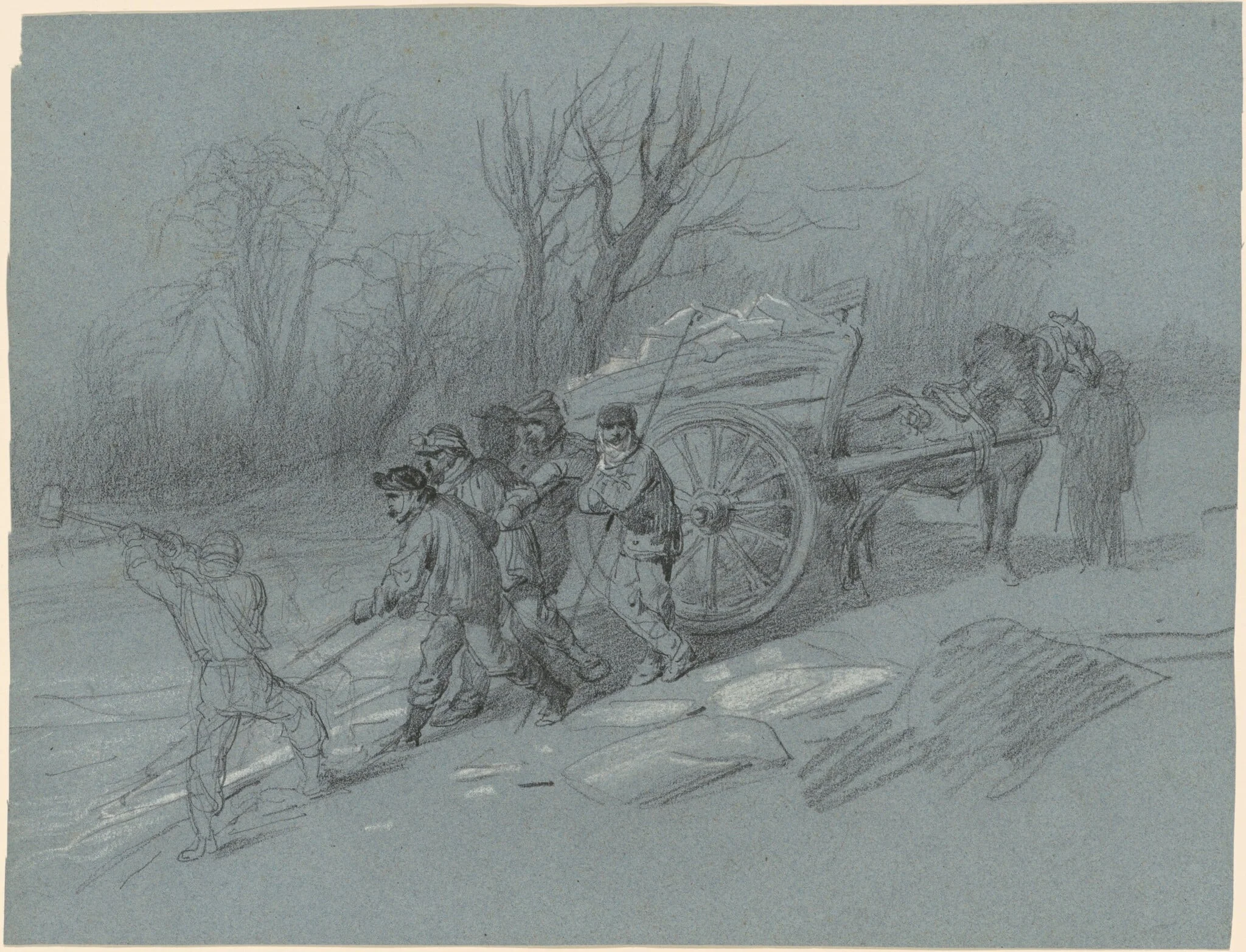 Workmen Gathering Ice at the Water's Edge, detail