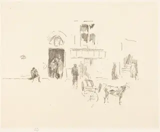 Gaiety Stage Door, by James McNeill Whistler, ink, 1883