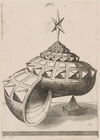 A Perspective of a Faceted Snail Shell Balanced on a Pyramid, by Mathis Zündt, ink, 1567