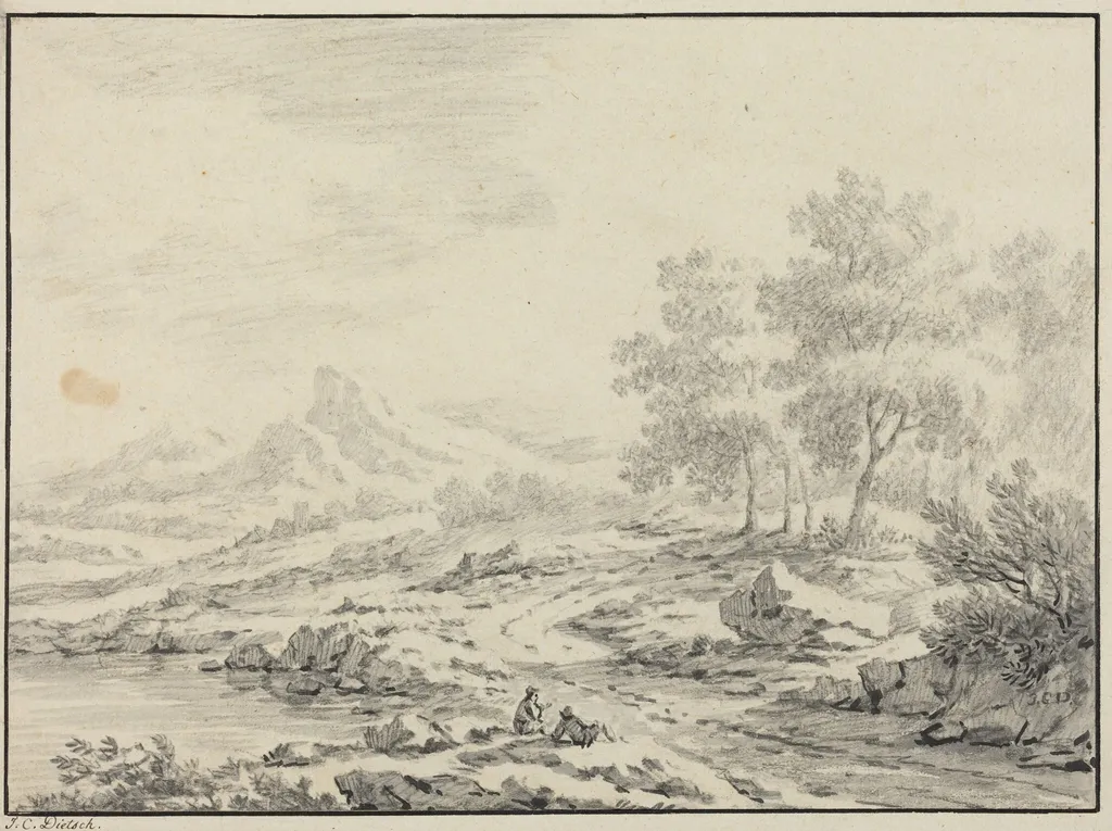 Two Men Resting near a Lake, by Johann Christoph Dietzsch, chalk, 1740