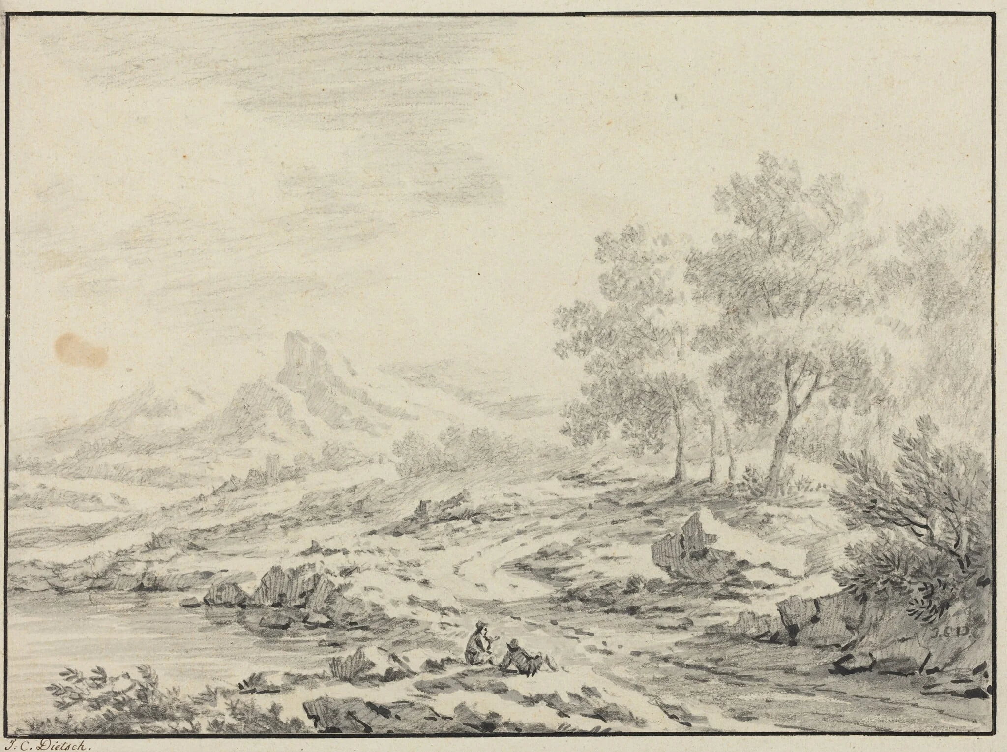 Two Men Resting near a Lake, detail