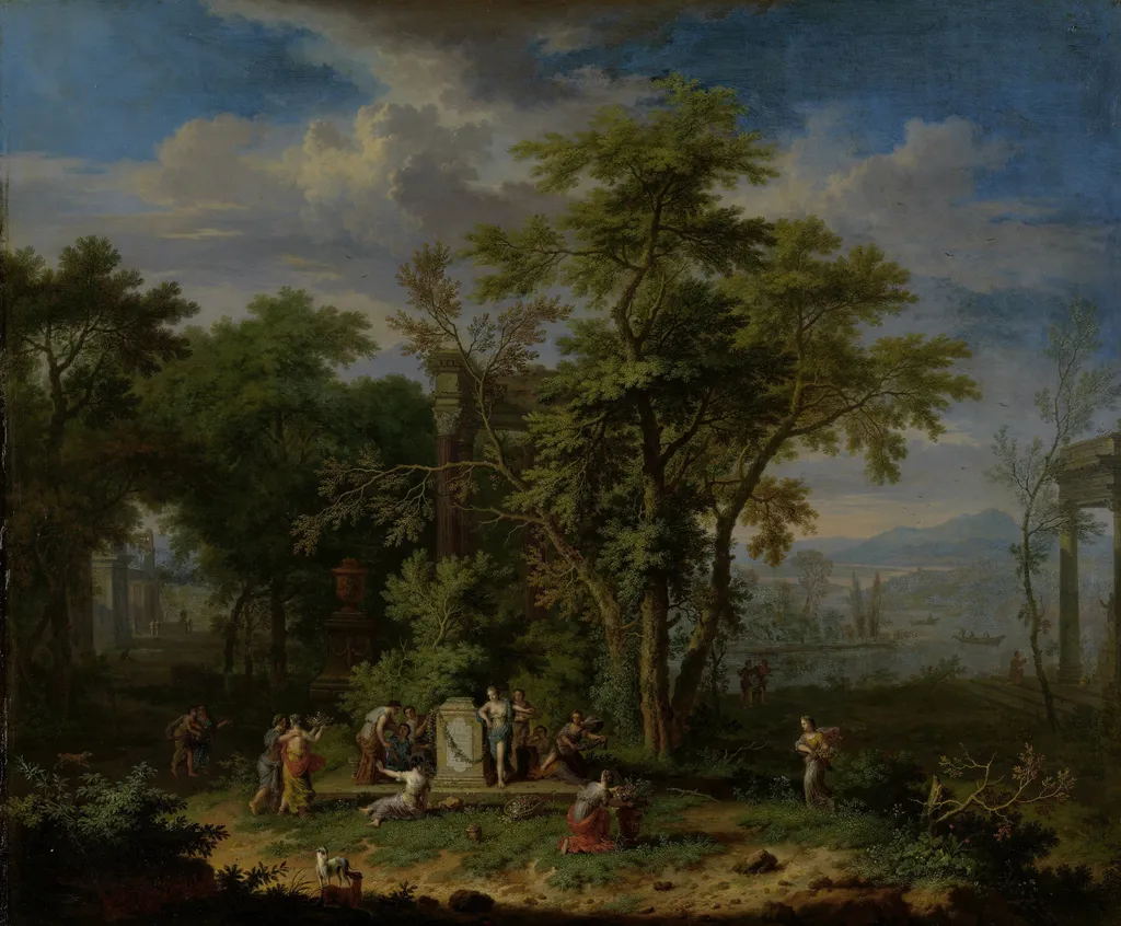 Arcadian Landscape with a Ceremonial Sacrifice, by Jan van Huysum, oil, 1724