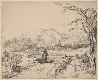 Landscape with Sportsman and Dog, by Rembrandt van Rijn, ink, 1653