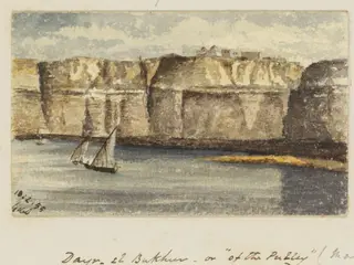 Dayr- El Bukhur - or "of the Pulley"  Coptic Convent on Gebel-e-Tayr.  Upper Egypt, by George de Sausmarez, watercolor, 1855