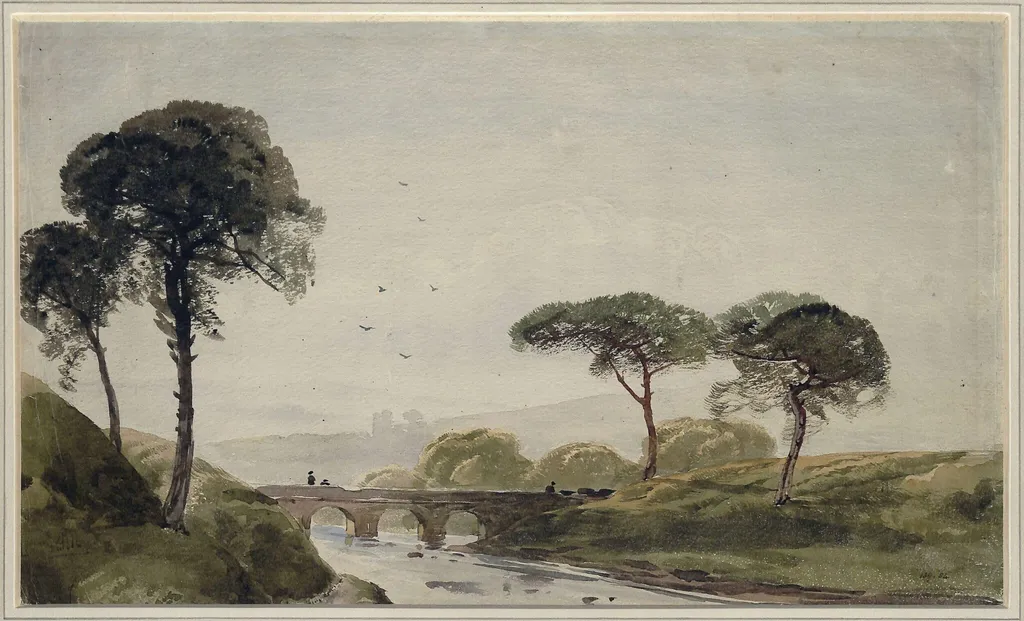 Landscape with river and bridge, by Alfred Pizzi Newton, watercolor, 1850