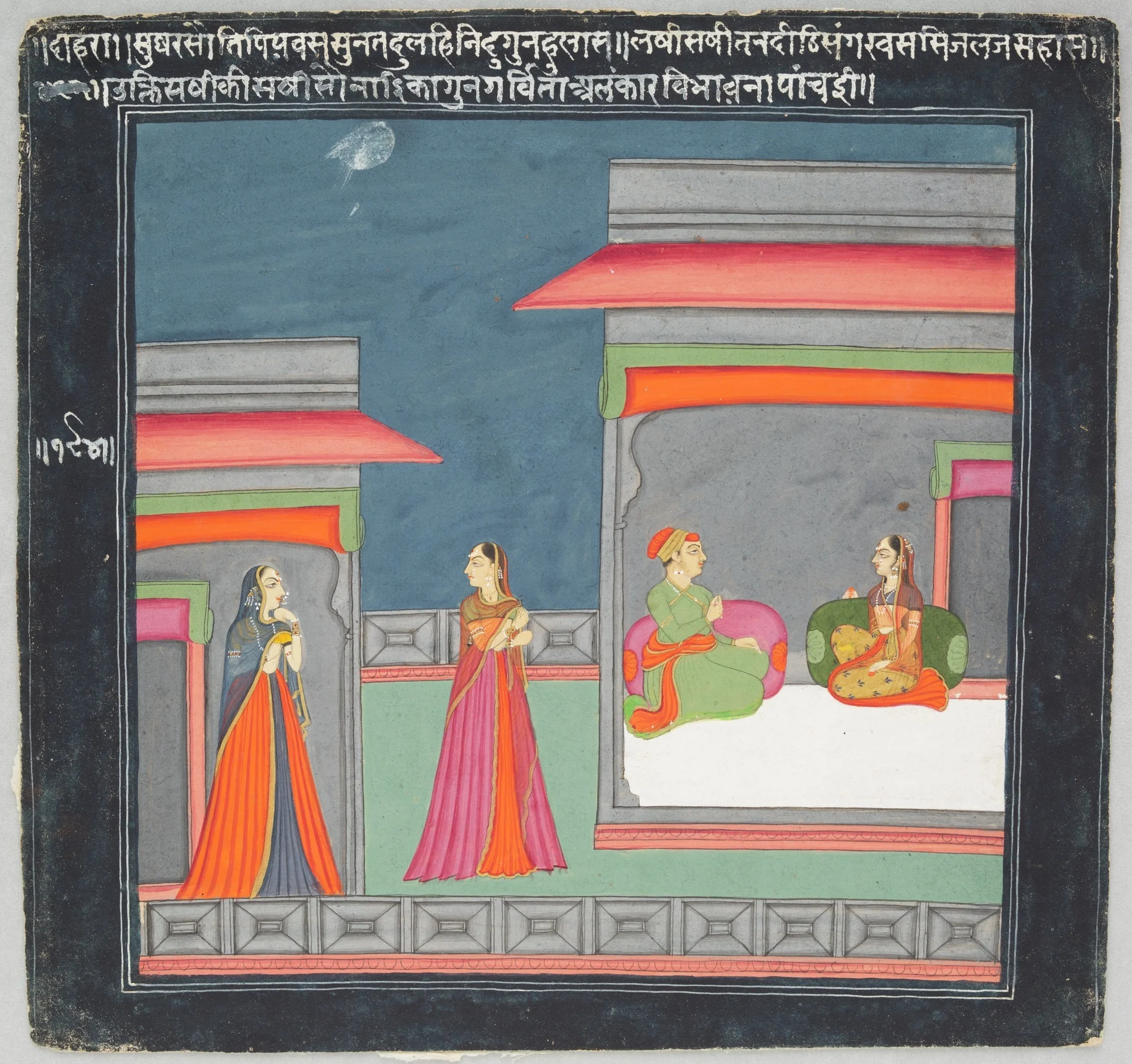 Hero and Heroine Subject: Lovers in Pavilion; Two Attendants in Courtyard, detail