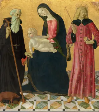 Madonna and Child with Saint Anthony Abbot and Saint Sigismund, by Neroccio de' Landi, tempera, 1492