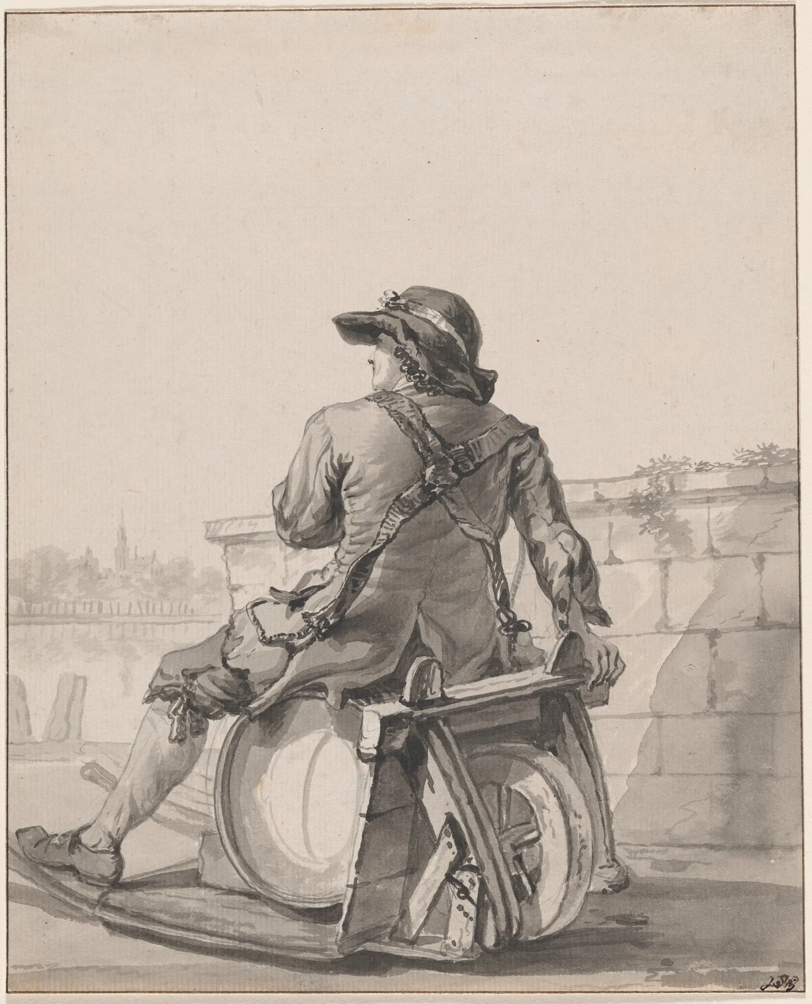 Man Sitting on a Cask on a Wheelbarrow, detail