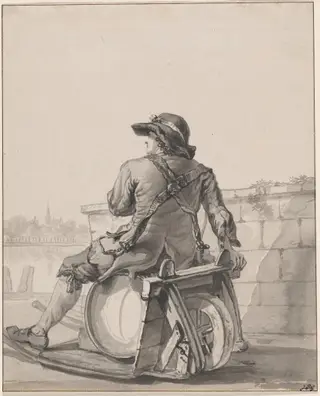 Man Sitting on a Cask on a Wheelbarrow, by Jacob van Strij, graphite, 1787