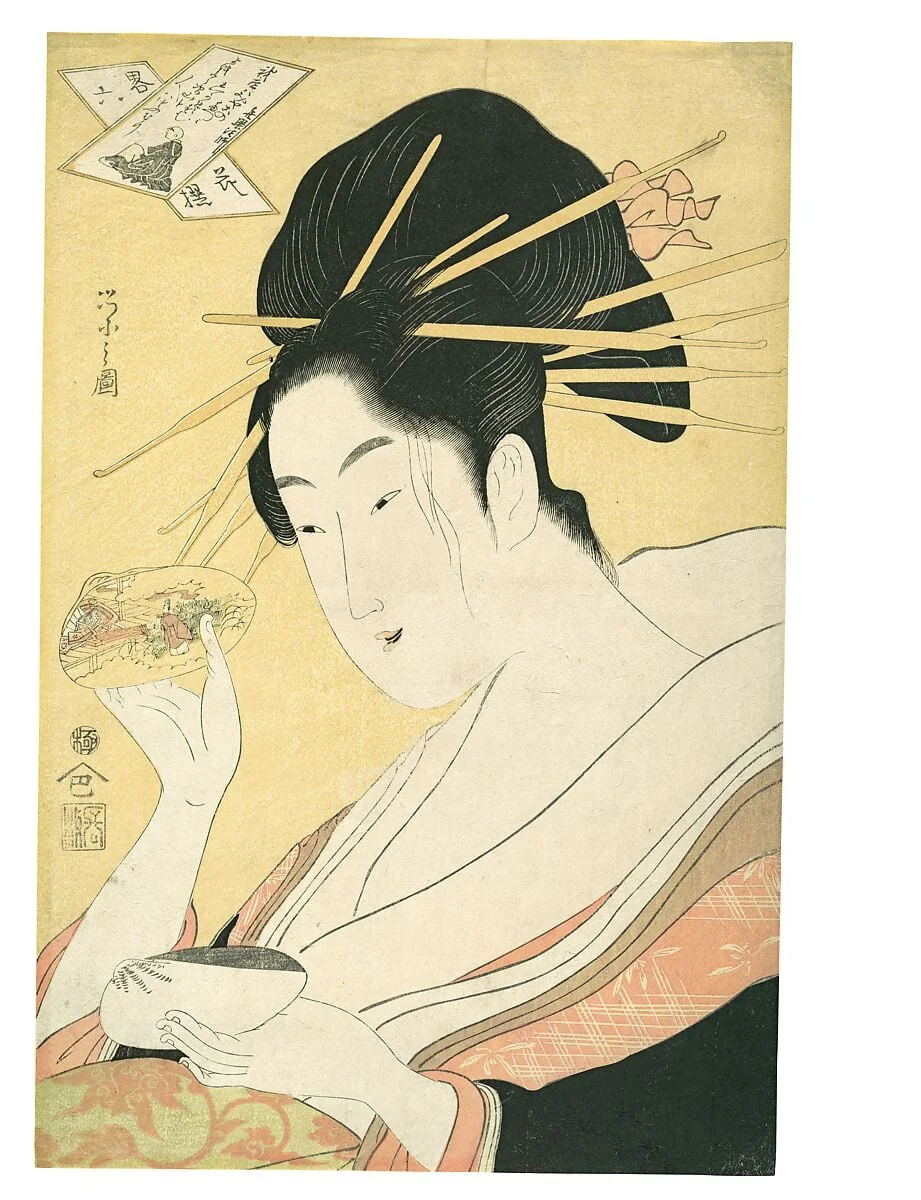 鳥文斎栄之画 「畧六花撰 喜撰法師」 |Matching Shells (Kai-awase), “Kisen Hōshi,” from the series Modern Parodies of the Six Poetic Immortals (Yatsushi rokkasen: Kisen Hōshi), detail