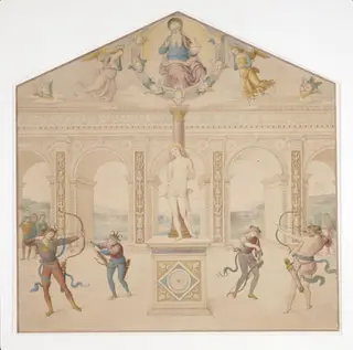 Copy after the painting Martyrdom of St Sebastian by Perugino in S. Sebastiano, Panicale., by Cesari Mariannecci, paint, 1856