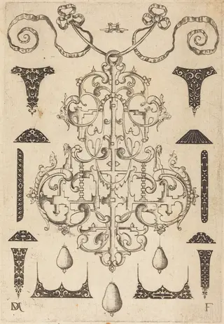 Large Pendant, Surrounded by Twelve Small Studs, by Daniel Mignot, ink, 1593