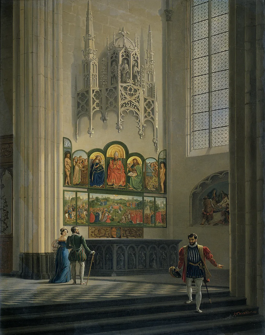 The Ghent Altarpiece by the van Eyck Brothers in St Bavo Cathedral in Ghent, by Pieter-Frans De Noter, oil, 1829