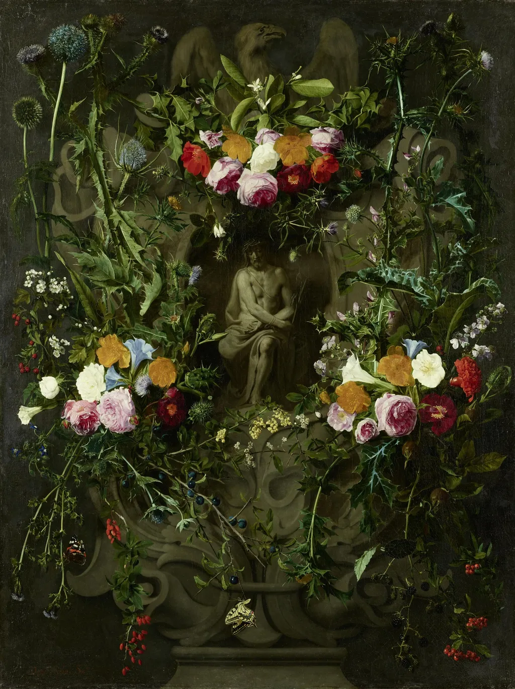 Christ in distress, sitting on the cold stone in a cartouche, surrounded by roses, thistles and other flowers, by Daniel Seghers, paint, 1647