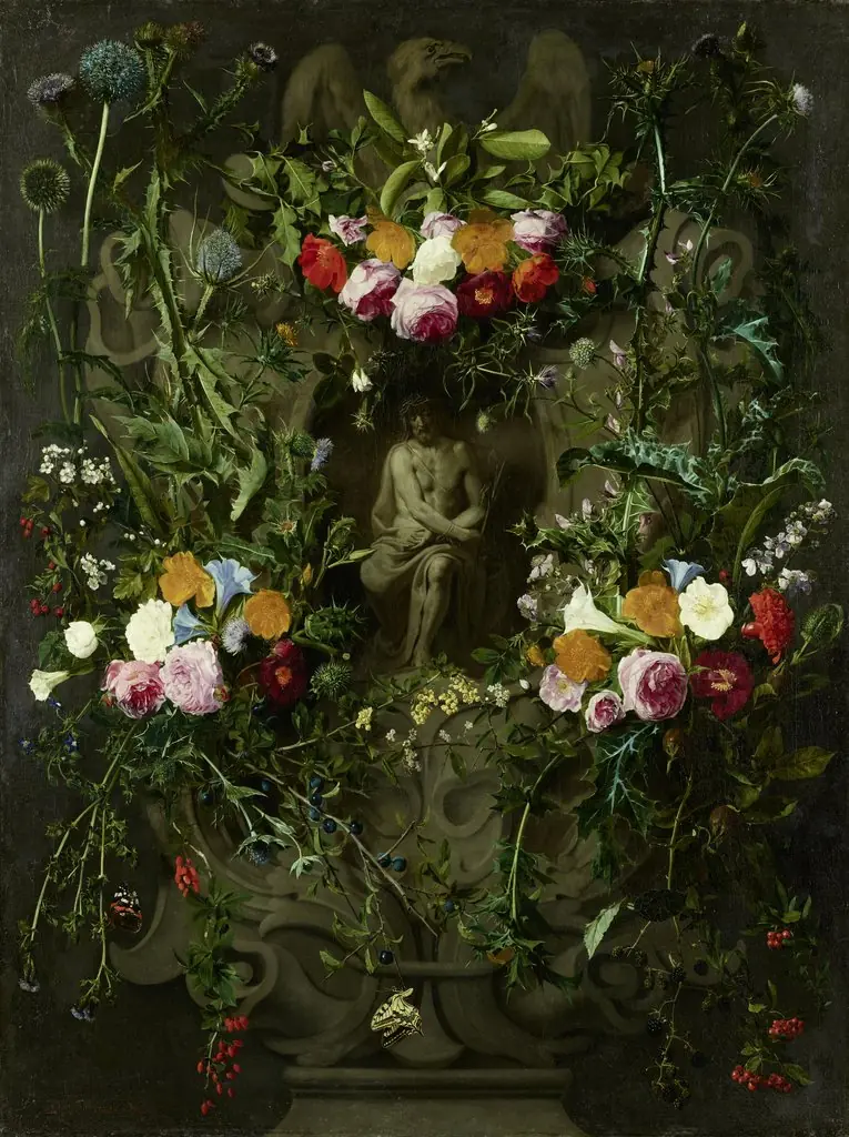Christ in distress, sitting on the cold stone in a cartouche, surrounded by roses, thistles and other flowers, by Daniel Seghers, paint, 1647