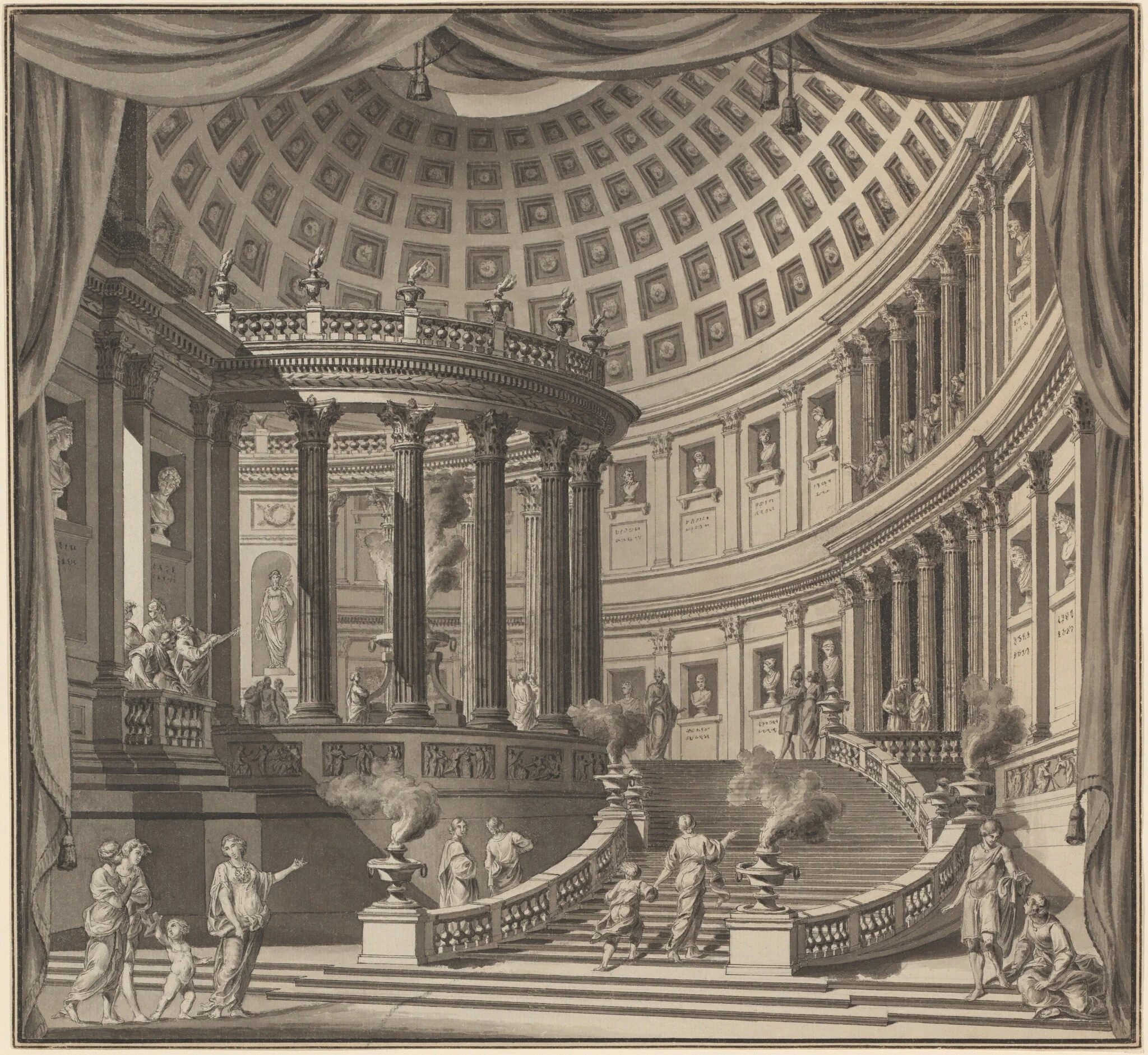 Design for a Stage Curtain: The Interior of an Elaborate Temple Dedicated to Illustrious Men, detail