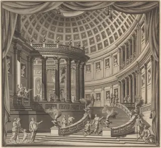 Design for a Stage Curtain: The Interior of an Elaborate Temple Dedicated to Illustrious Men, by Ennemond Alexandre Petitot, ink, 1784