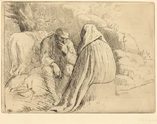 Bohemien Encampment (Campement de bohemiens), by Alphonse Legros, ink, 1874