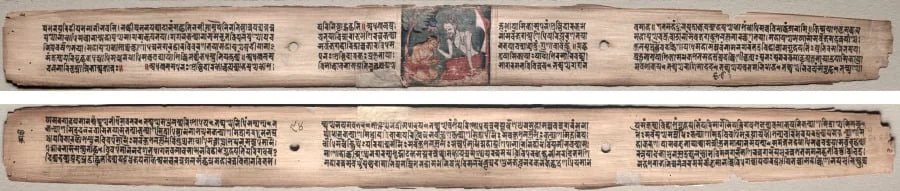 Folio 94 from a Gandavyuha-sutra (Scripture of the Supreme Array): Sudhana and the rishi Bhishmottaranirgosha (recto); text (verso), detail