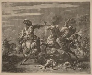 A Horseman Shooting a Turk from His Horse, by Jan van Huchtenburgh, ink, 1690