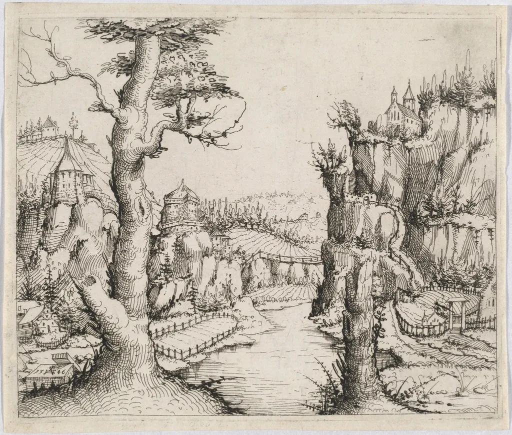 River Landscape with High Cliffs, by Augustin Hirschvogel, ink, 1546