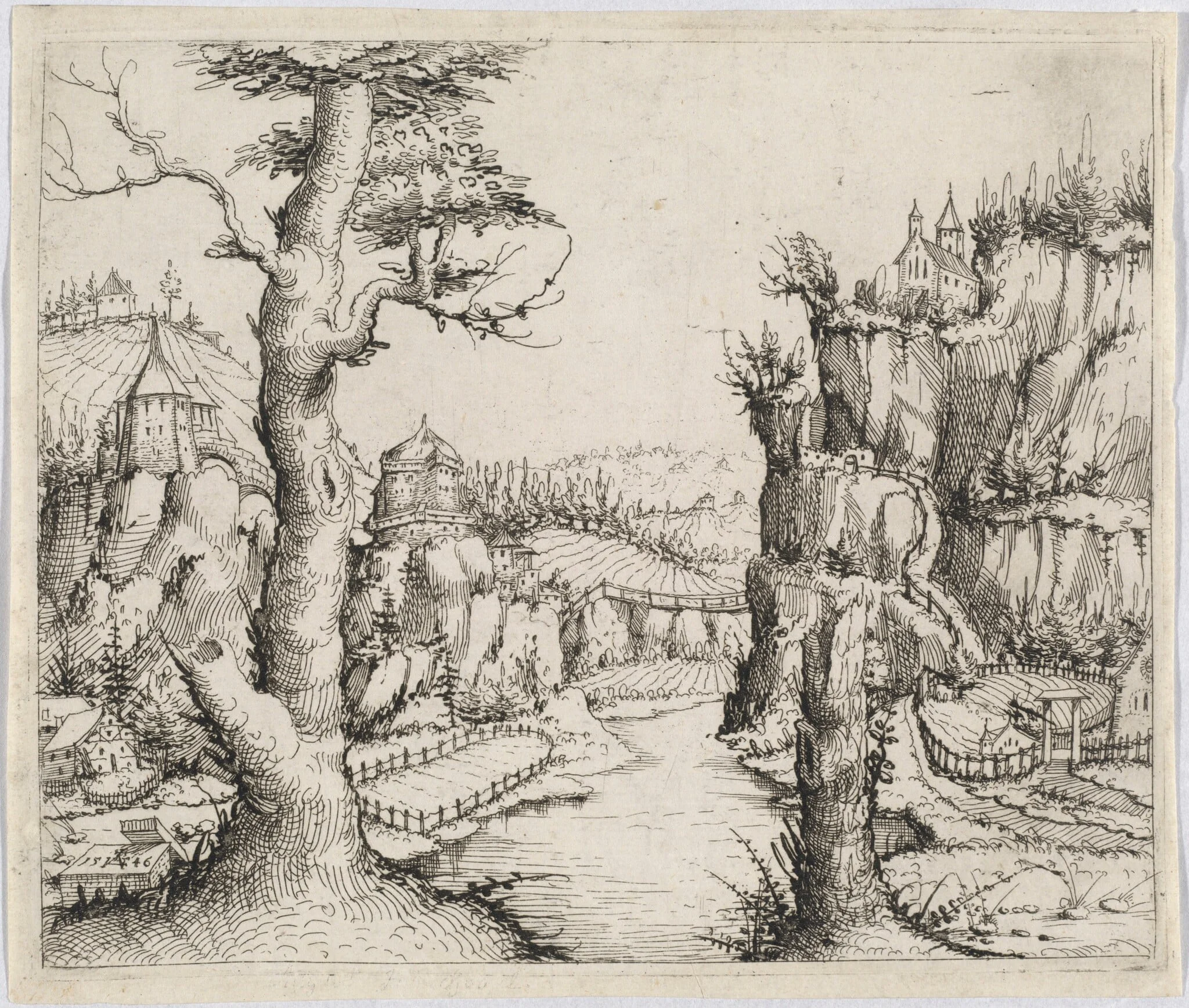 River Landscape with High Cliffs, detail
