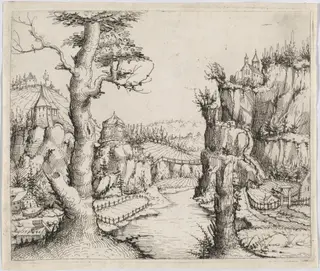 River Landscape with High Cliffs, by Augustin Hirschvogel, ink, 1546