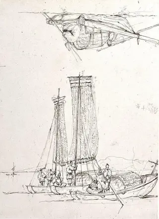 Studies of Tanka boats with figures, Macau, by George Chinnery, 27