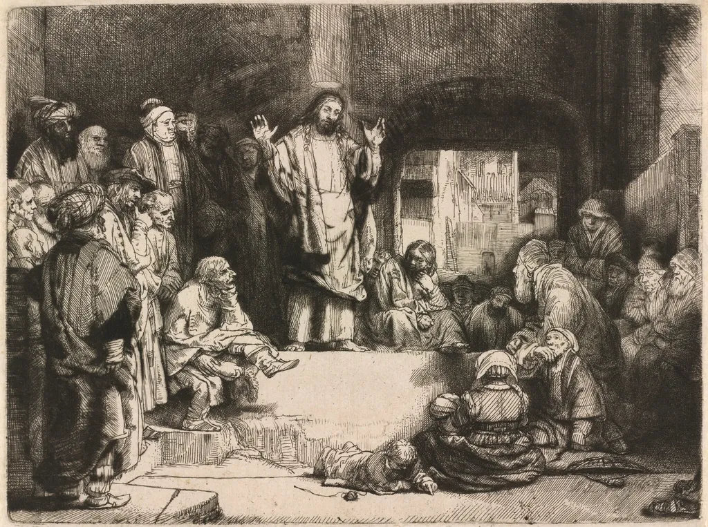 Christ Preaching (La petite Tombe), by Rembrandt van Rijn, ink, 1652