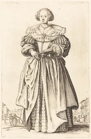 Noble Woman with Fan, by Jacques Callot, ink, 1622
