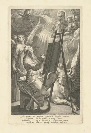 Saint Luke Painting the Virgin, by Raphael Sadeler I, ink, 1584