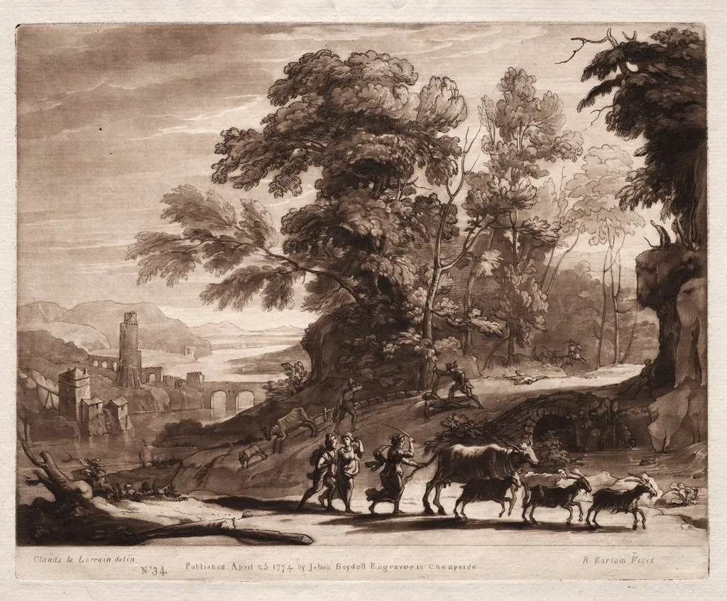 Liber Veritatis:  No. 34, Peasants with Cattle attacked by Bandits, by Richard Earlom, 1774