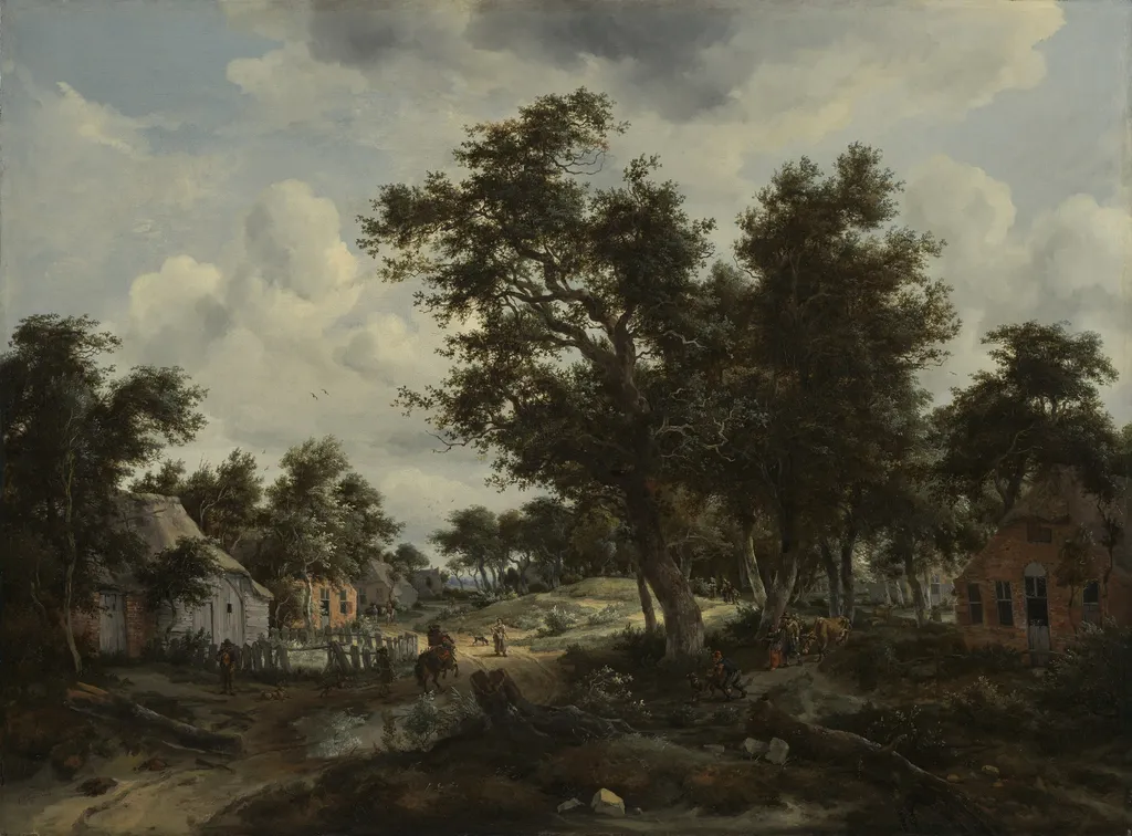 A Wooded Landscape with Travelers on a Path through a Hamlet, by Abraham Storck, oil, 1665
