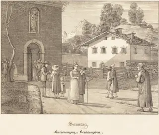 Sonntag - Kircheneingang in Berchtesgaden (Sunday - Going to Church near Berchtesgaden), by Ferdinand Olivier, ink, 1823