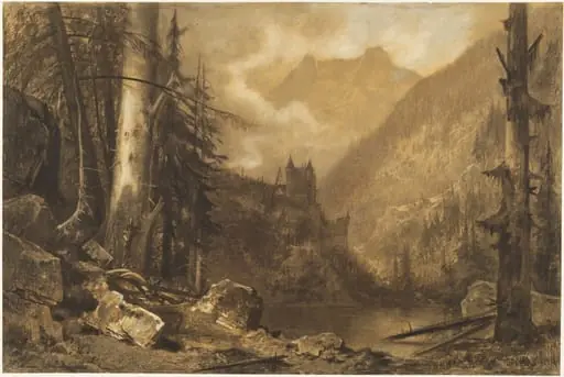 Alpine Castle above a Wooded Lake, by Maxime Lalanne, charcoal, 1870