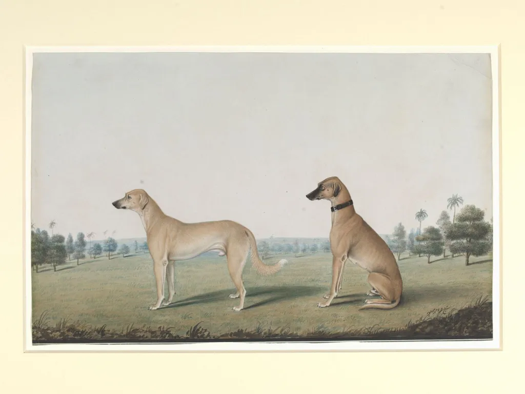 Two dogs in the compound of a Calcutta house, by Shaikh Muhammad Amir, paint, 1845