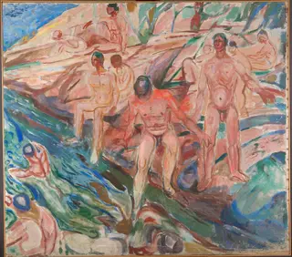 Bathing Men on Rocks, by Edvard Munch, oil, 1915