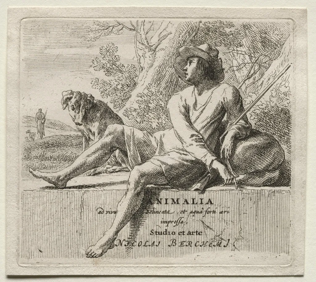 Animalia: Frontispiece, Shepherd and Dog, by Nicolaes Pieterszoon Berchem, 1659